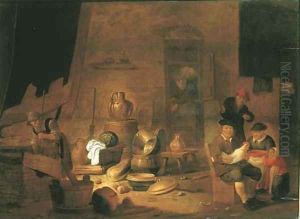 A barn interior with a peasant family by Jan Spanjaert