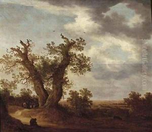 An extensive wooded landscape with a herdsman resting with his cattle by a path An extensive wooded landscape with a herdsman resting with his cattle by a path