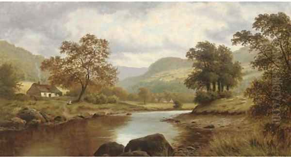 Sheep and cottages beside a river - view 1