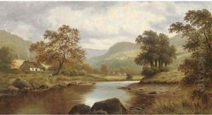 Sheep and cottages beside a river by Thomas Spinks