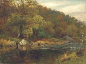 A wooded river landscape by Thomas Spinks