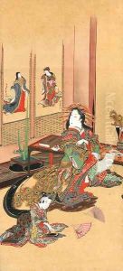 A courtesan preparing to paint a fan by Yanagawa Shigenobu