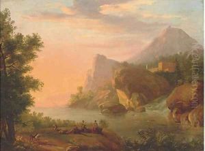 A Rhenish river landscape with shepherds playing music near a waterfall