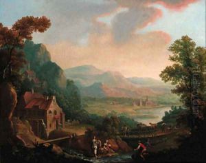 Figures before a river in an extensive landscape, a town beyond by Christian Georg II Schutz or Schuz