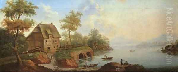Fishermen unloading their catch with anglers on a riverbank, a farmhouse beyond, in a mountainous landscape - view 1