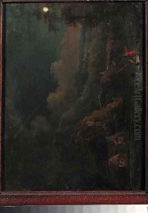 A moonlit Rhenish landscape with anglers by Christian Georg II Schutz or Schuz