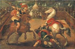 Two knights jousting, a tent with the Medici coat-of-arms beyond