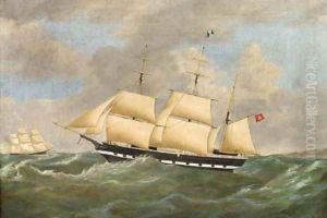 The Hamburg barque Nurn America under reduced sail and running down the coast by Richard B. Spencer