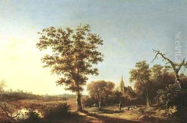 A wooded landscape with a shepherd and his flock, a church beyond - view 1
