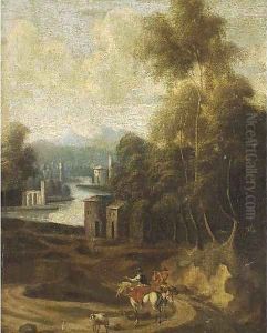 A wooded river landscape with mounted travellers on a path, a town beyond by Willem Schellinks