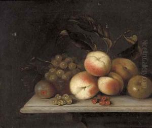 Peaches, grapes, red and whitecurrants, and an apple, on a ledge by William Sartorius