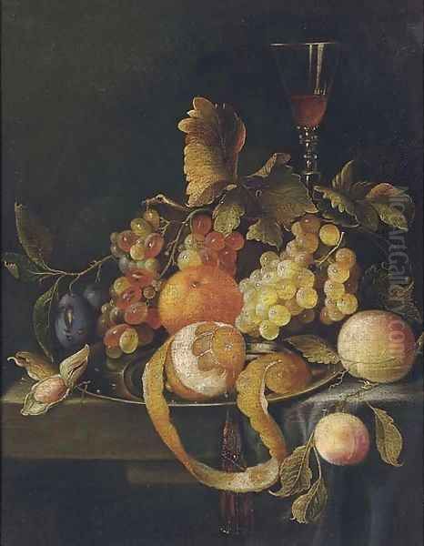 Still life of oranges, grapes, peaches, plums and a glass of wine on a stone ledge - view 1