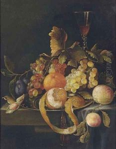 Still life of oranges, grapes, peaches, plums and a glass of wine on a stone ledge by William Sartorius