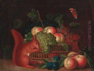 A basket of grapes and peaches, with plums and peaches and a squirrel eating nuts on a ledge by William Sartorius