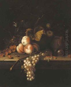 Cherries, peaches, grapes and white currants on a ledge by William Sartorius