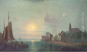 Fishermen gossiping off a Dutch port by moonlight