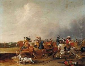 A cavalry skirmish by Jan Van Der Stoffe