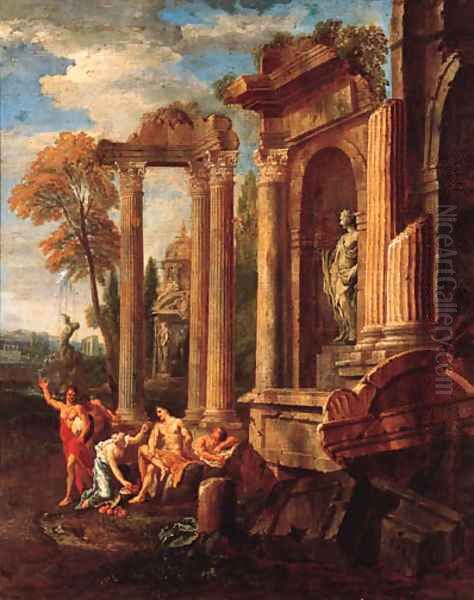 Italianate landscapes with figures amongst classical ruins - view 1