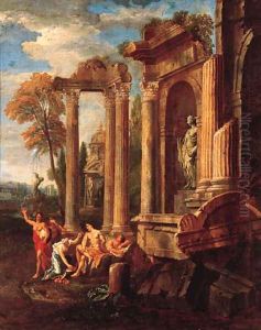 Italianate landscapes with figures amongst classical ruins by Johann Heinrich Schnfeldt