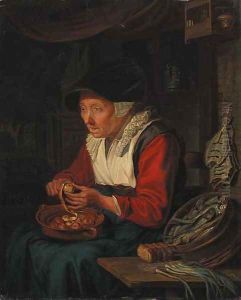 An old woman peeling apples by a table laden with onions
