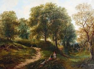 Wooded Landscape With Figures Resting In The Foreground And Sheep In The Distance