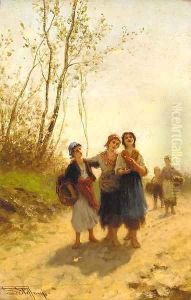 Three young country girls on a road by Luigi Steffani