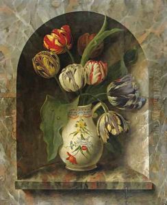 Parrot Tulips in a Jug on a stone Ledge in an Alcove by Michel Joseph Speckaert