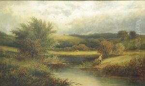 A Tranquil River Landscape With A Figure Onthe Bank by George Turner