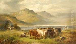 Near Loch Lomond, Asummer 
Landscape With Highland Cattle, Drover And Dog, Figures By Athatched 
Cottage Beyond