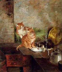 Three cats in the kitchen by Minna Stocks