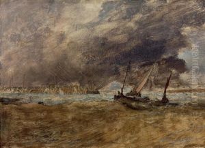 Seapiece With Fishing Boats Off A Wooden Pier, A Gale Comingin