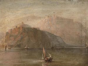 Fishing Boats On A Lake, A Fortified Settlement On The Cliffs Beyond by Joseph Mallord William Turner