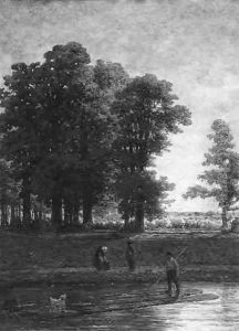 A wooded landscape with a boy and his dog on a raft