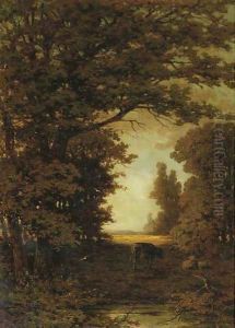 Cattle on a forestpath by Theodoor Soeterik