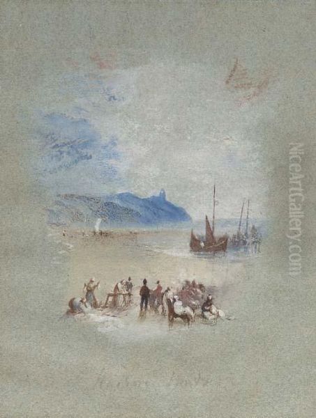 Hasborough Sands: Fisherfolk On
The Sands In The Foreground, With Stranded Fishing Boats Beyond; The Sun
Setting Behind A Promontory - view 1