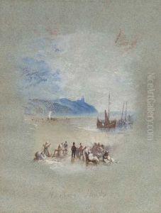 Hasborough Sands: Fisherfolk On
The Sands In The Foreground, With Stranded Fishing Boats Beyond; The Sun
Setting Behind A Promontory by Joseph Mallord William Turner