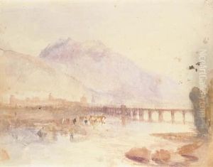View Of A Town In An Alpine Landscape With A Bridge Across Alake by Joseph Mallord William Turner