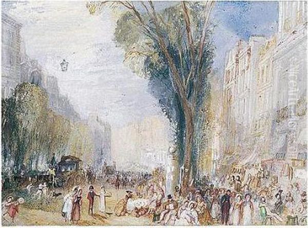 Paris: Boulevard Des Italiens Watercolour And Bodycolour Over Pencil On Blue Paper - view 1