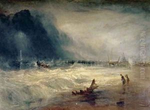 Lifeboat and Manby Apparatus going off to a stranded vessel making signal blue lights of distress , c.1831
