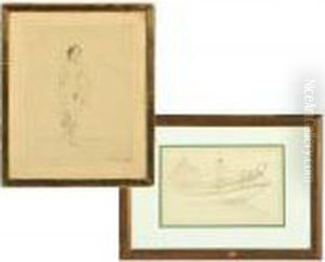 Sketch With Fisherman And Boat And A Portrait Of A Naked Woman by Laurits Regner Tuxen