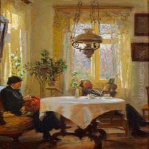 Interior With A Manreading And A Woman Sewing by Laurits Regner Tuxen