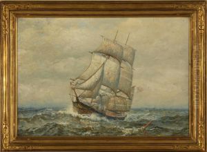 Brig With American Flag In Choppy Seas by James Gale Tyler