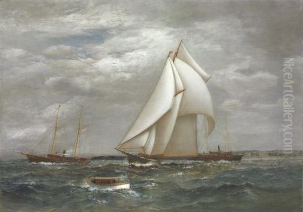 A Centerboard Schooner Of The
New York Yacht Club With A Pair Of Steam Yachts And A Small Launch On
Long Island Sound - view 1