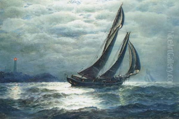 Fishing Vessels Off A Lighthouse By Moonlight - view 1