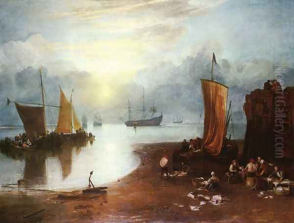 Sun Rising through Vagour; Fishermen Cleaning and Sellilng Fish - view 1