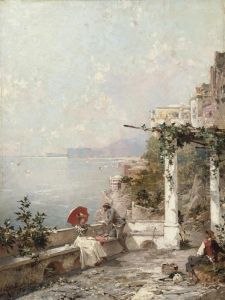 An Artist Sketching On A Terrace In Amalfi by Franz Richard Unterberger