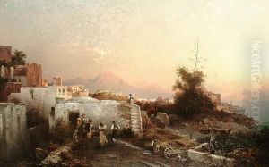 Musicians Dancing Before A House With A View Of The Bay Of Naples