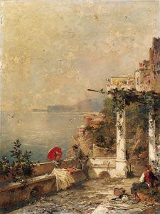 An Artist Sketching On A Balcony, With Amalfi Beyond by Franz Richard Unterberger