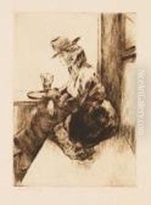 Dame Im Kaffee Mit Aufgestutztem Arm Vor Leerem Glas. by Lesser Ury