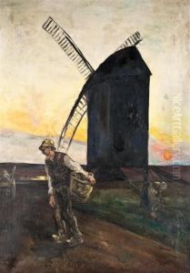 Peasants In Dutch Landscape With Windmill by Lesser Ury